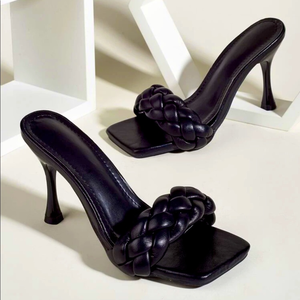 Braided Stiletto Heeled Mules in Black